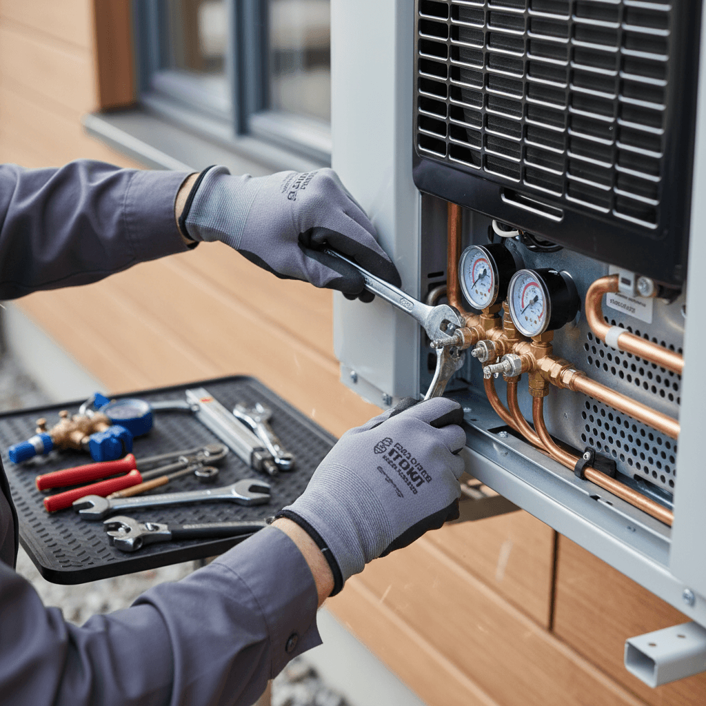 Technician installing heat pump unit on Maine home exterior
