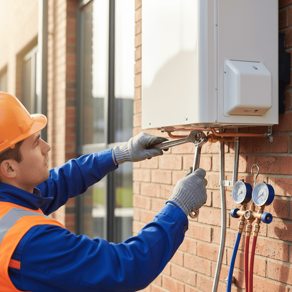 Heat pump unit installed on home exterior